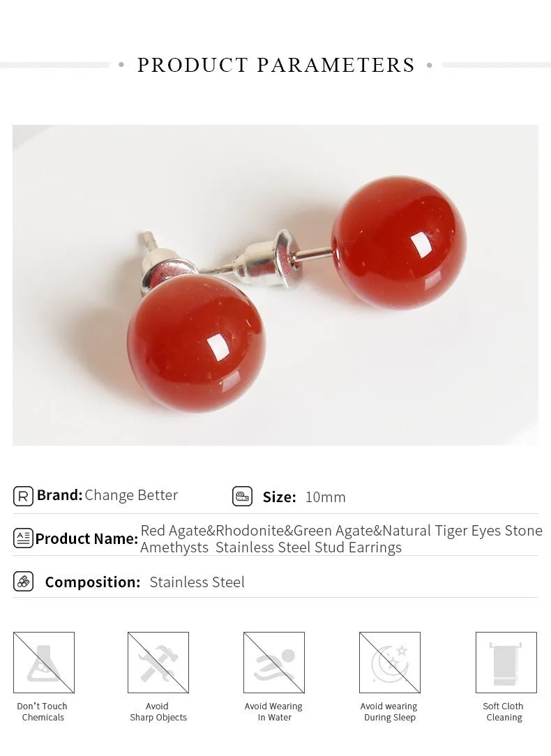 Change Better Natural Stone Amethyst Tiger Eye Agate Round Beads Earring Women Fashion Simple Stainless Steel Crystal Ear Studs-2