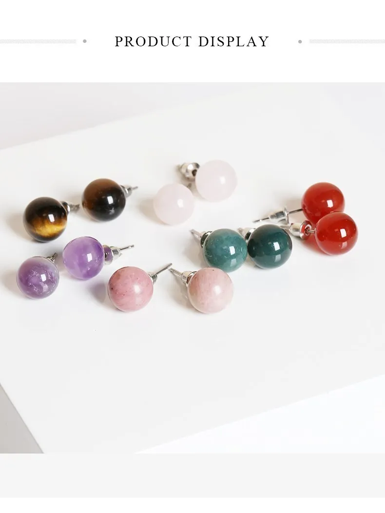 Change Better Natural Stone Amethyst Tiger Eye Agate Round Beads Earring Women Fashion Simple Stainless Steel Crystal Ear Studs-3