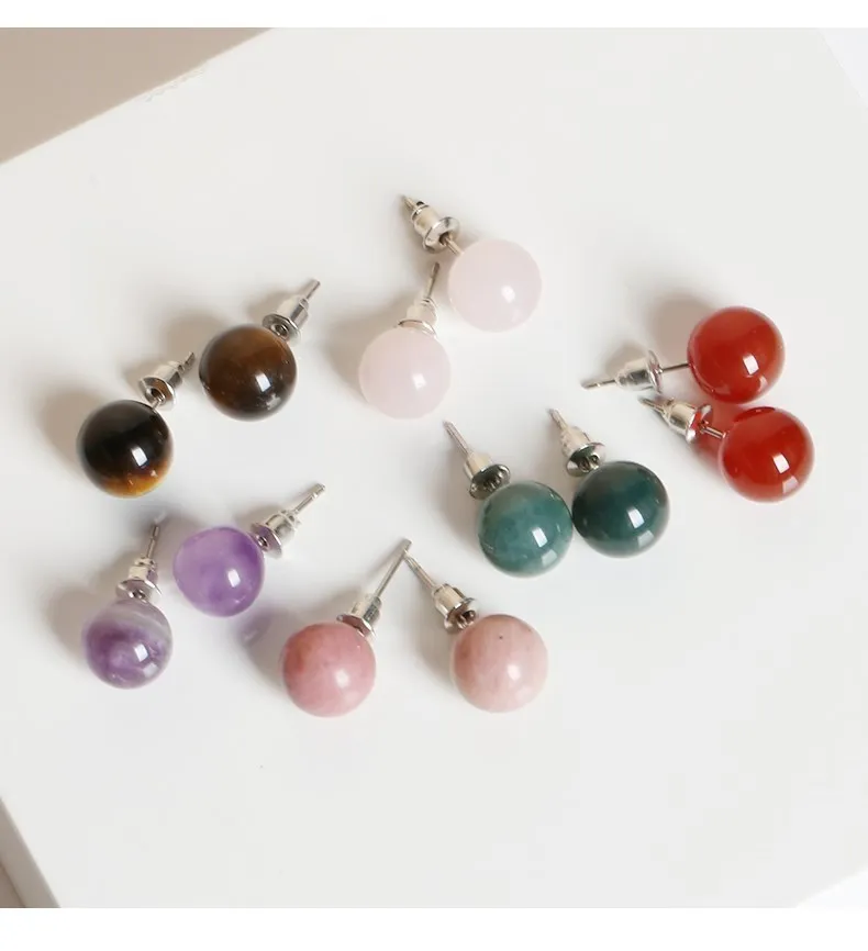 Change Better Natural Stone Amethyst Tiger Eye Agate Round Beads Earring Women Fashion Simple Stainless Steel Crystal Ear Studs-4