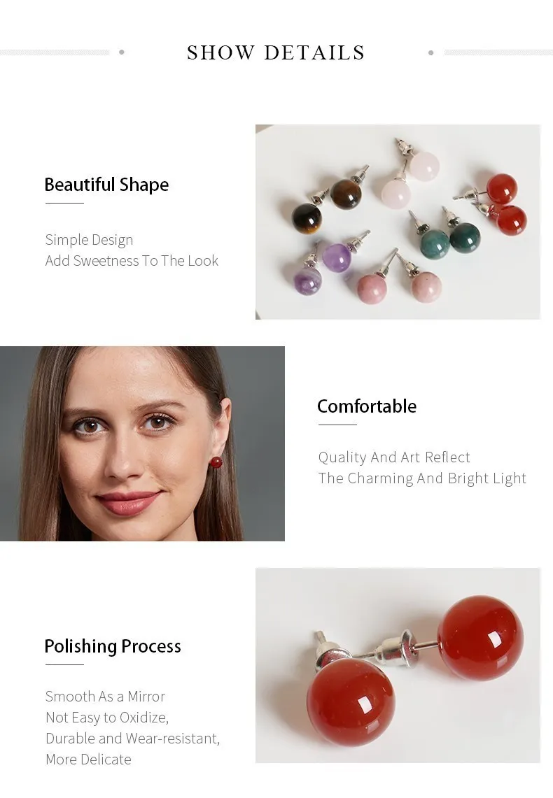 Change Better Natural Stone Amethyst Tiger Eye Agate Round Beads Earring Women Fashion Simple Stainless Steel Crystal Ear Studs-8