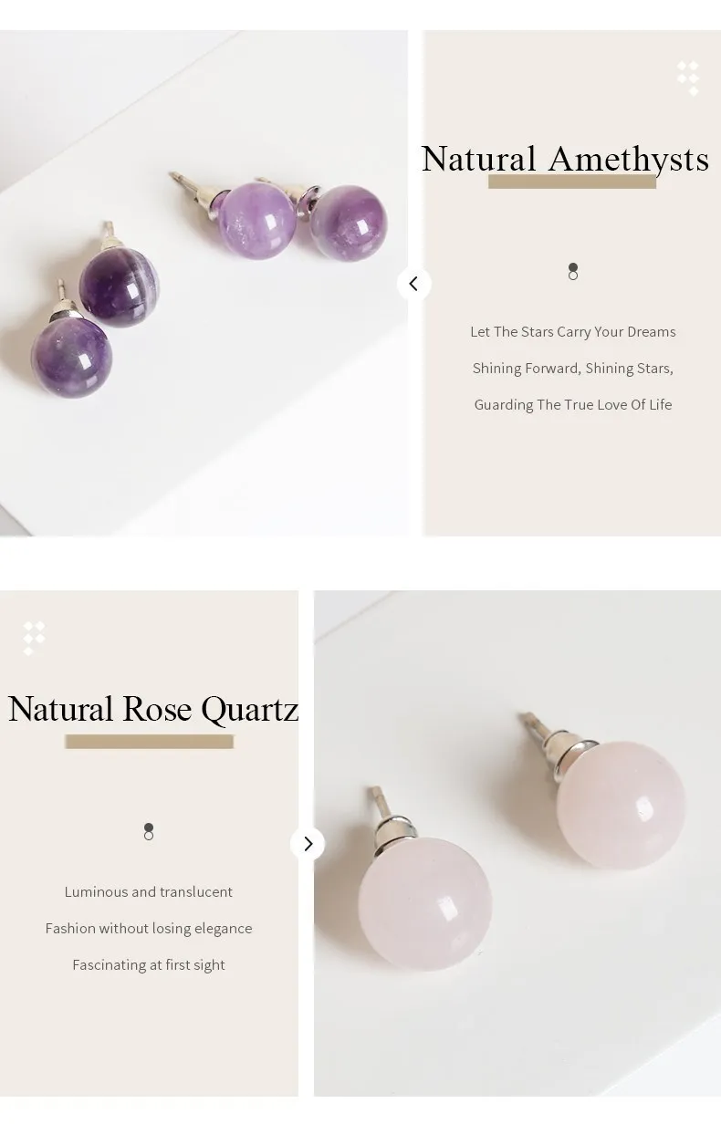 Change Better Natural Stone Amethyst Tiger Eye Agate Round Beads Earring Women Fashion Simple Stainless Steel Crystal Ear Studs-11