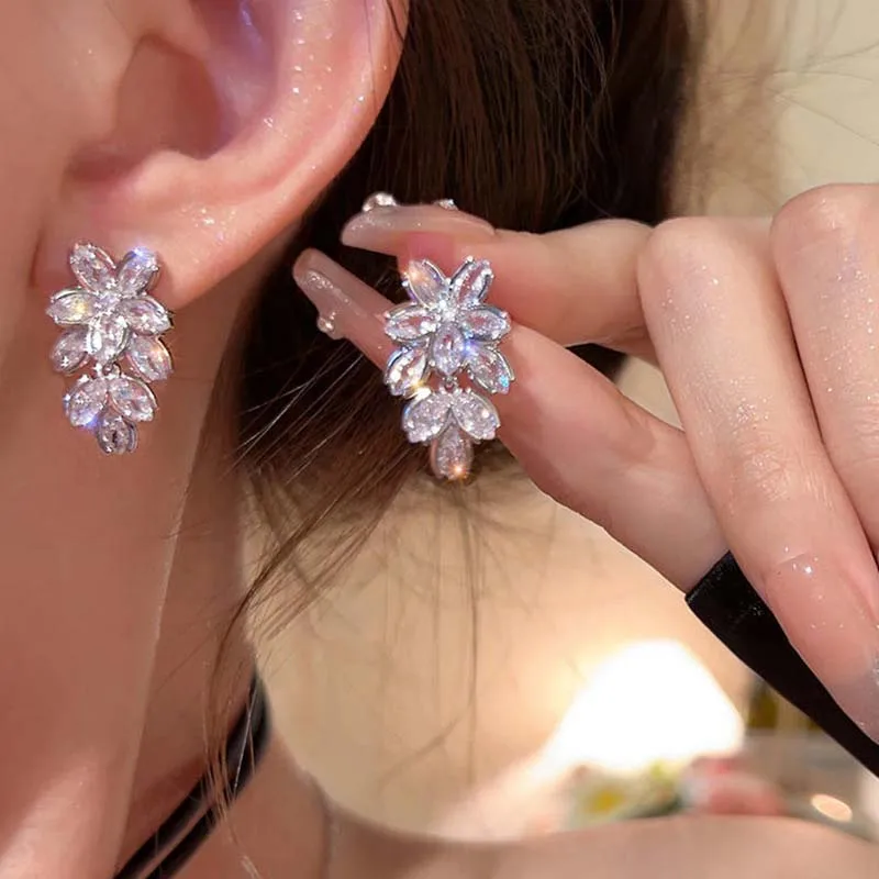 Korean Crystal Flower Drop Earrings for Woman Fashion Elegant Shiny Zircon Geometric Temperament Earrings Wedding Party Jewelry-3