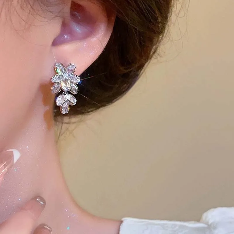 Korean Crystal Flower Drop Earrings for Woman Fashion Elegant Shiny Zircon Geometric Temperament Earrings Wedding Party Jewelry-4