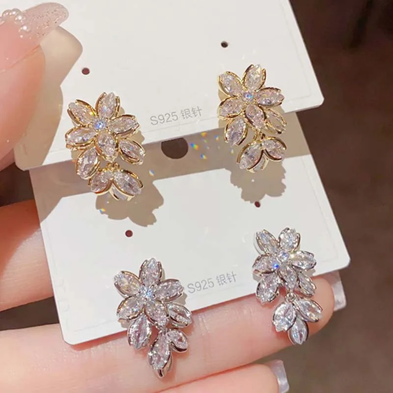 Korean Crystal Flower Drop Earrings for Woman Fashion Elegant Shiny Zircon Geometric Temperament Earrings Wedding Party Jewelry-5
