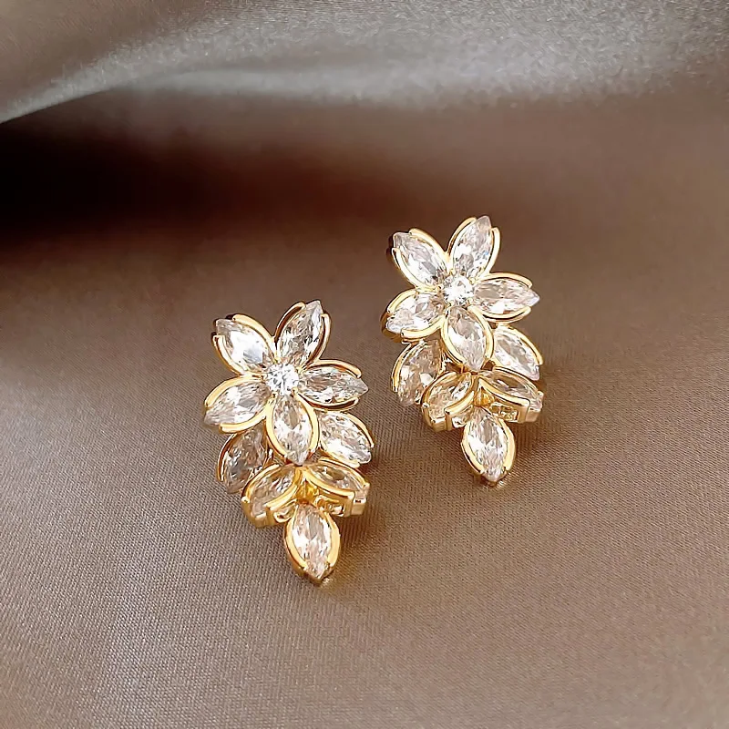 Korean Crystal Flower Drop Earrings for Woman Fashion Elegant Shiny Zircon Geometric Temperament Earrings Wedding Party Jewelry-6