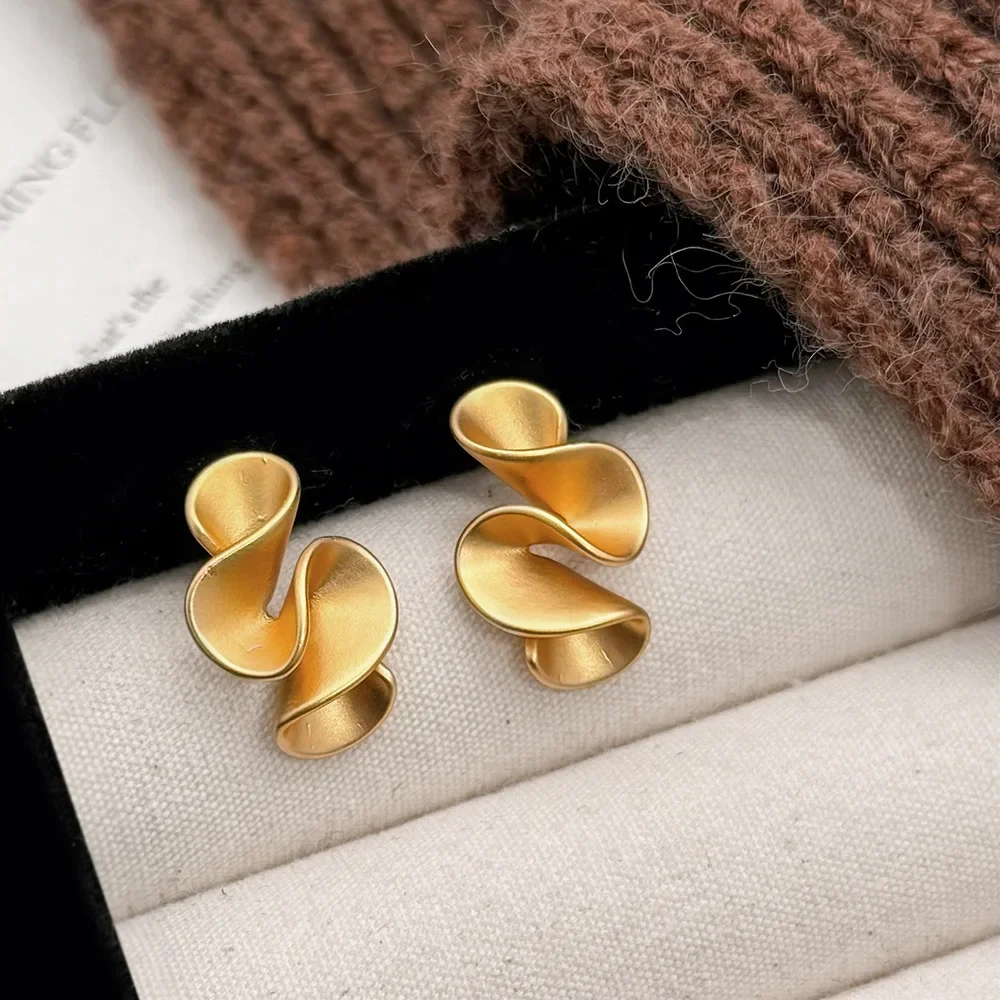 Real 925 Sterling Silver 18K Gold Twisted Flower Stud Earring for Women Minimalist Personality Fine Jewelry Trendy Accessory-5