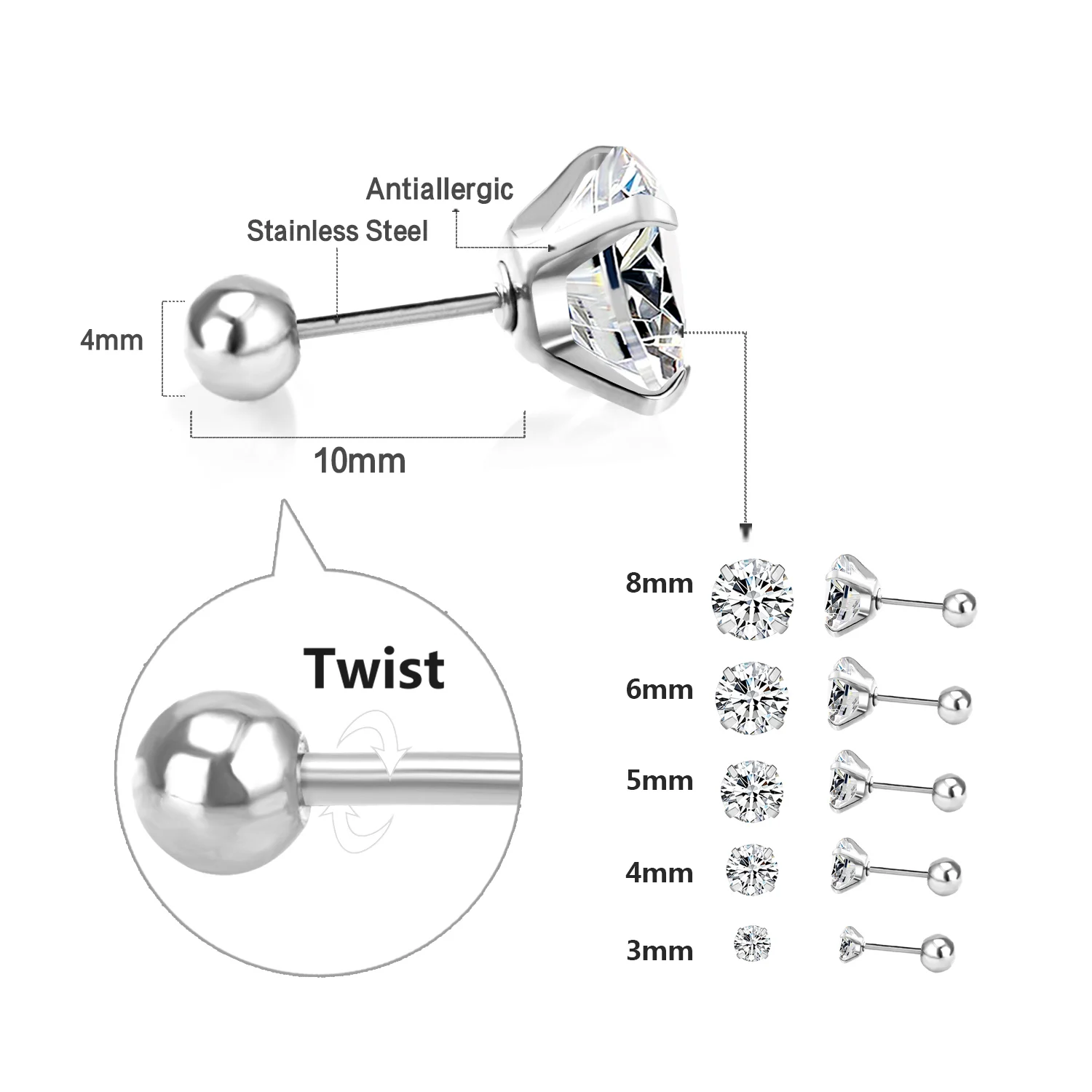 LUXUSTEEL 1Pairs/2Pcs Stainless Steel Crystal Studs Earrings For Women Men 4 Prong Tragus Round Clear Cubic Zirconia Ear Jewelry-4 LUXUSTEEL 1Pairs/2Pcs Stainless Steel Crystal Studs Earrings For Women Men 4 Prong Tragus Round Clear Cubic Zirconia Ear Jewelry-4