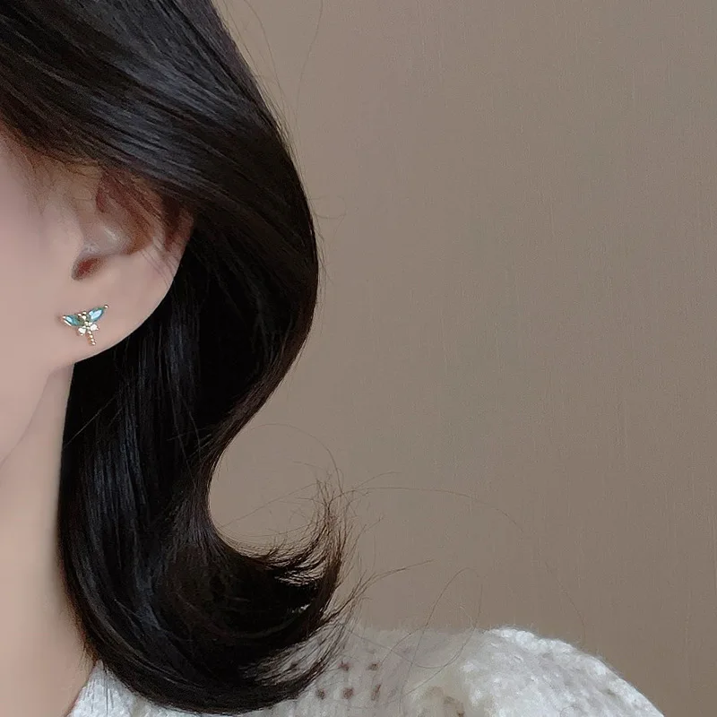 Korean Exquisite Dragonfly Heart Butterfly Earrings For Women Bling Zircon Stud Earring Girl Wedding Party Sweet Jewelry Brincos-2