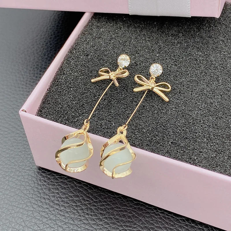 Trendy Metal Frame Dangle Opal Earrings for Women Golden Rhinestones Bow Knot Drop Earrings Wedding Party Long Jewelry Gift-1
