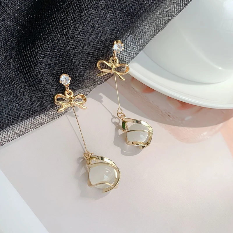 Trendy Metal Frame Dangle Opal Earrings for Women Golden Rhinestones Bow Knot Drop Earrings Wedding Party Long Jewelry Gift-2