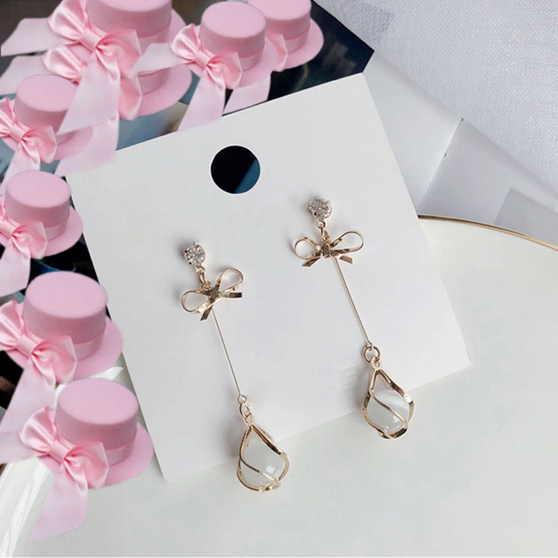 Trendy Metal Frame Dangle Opal Earrings for Women Golden Rhinestones Bow Knot Drop Earrings Wedding Party Long Jewelry Gift-3