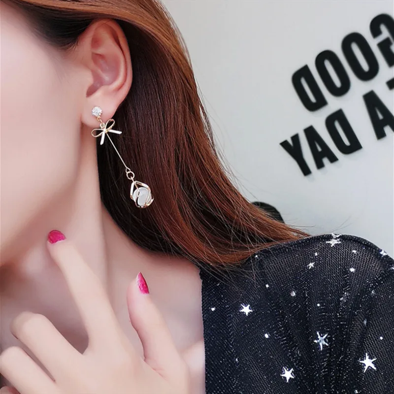 Trendy Metal Frame Dangle Opal Earrings for Women Golden Rhinestones Bow Knot Drop Earrings Wedding Party Long Jewelry Gift-5