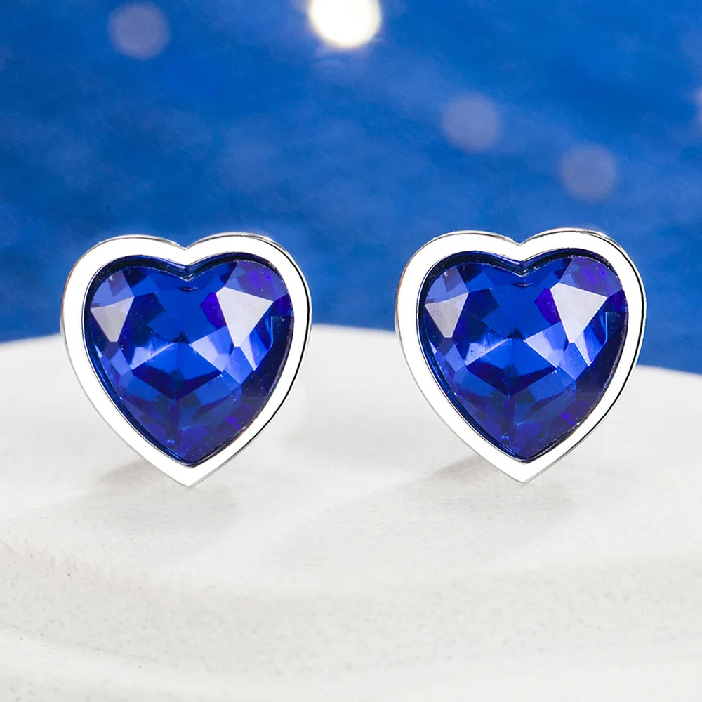 New in 925 Sterling Silver Heart Blue Crystal Stud Earrings For Women Wedding Fine Jewelry Accessories-2