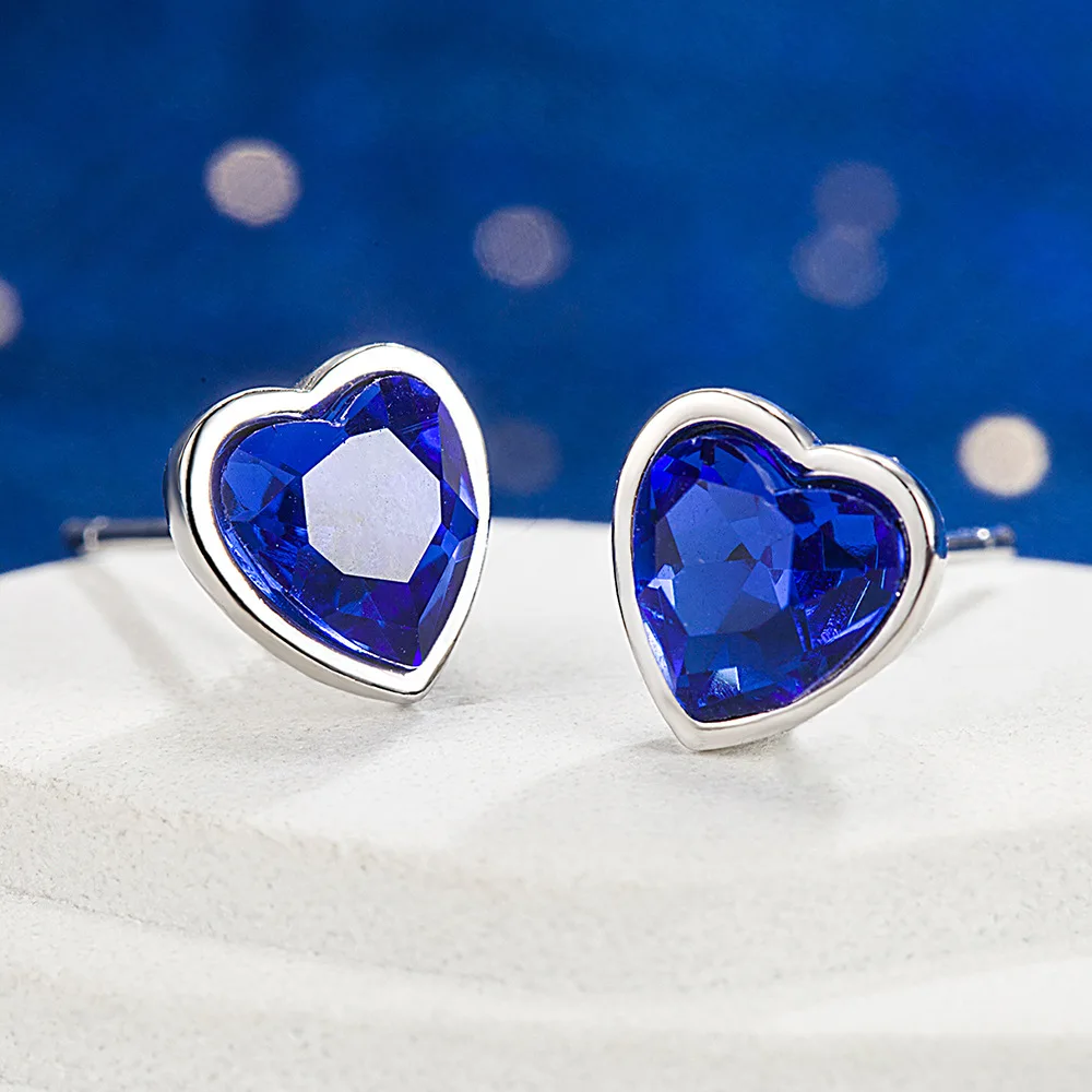 New in 925 Sterling Silver Heart Blue Crystal Stud Earrings For Women Wedding Fine Jewelry Accessories-3
