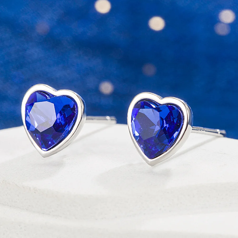 New in 925 Sterling Silver Heart Blue Crystal Stud Earrings For Women Wedding Fine Jewelry Accessories-4