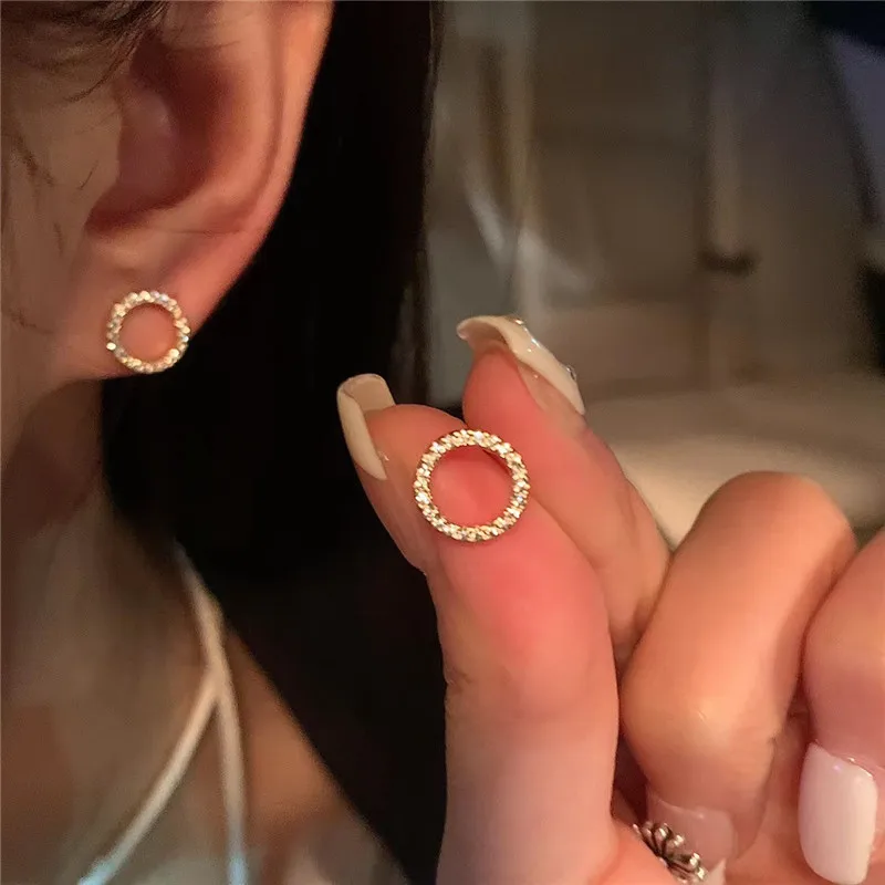 Delicate Small Circle Stud Earrings for Women Gold Color Crystal Minimalist Korean Party Summer Fashion Jewelry Accessories-2