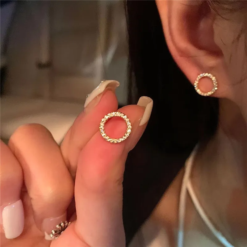 Delicate Small Circle Stud Earrings for Women Gold Color Crystal Minimalist Korean Party Summer Fashion Jewelry Accessories-3