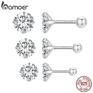 bamoer platinum plated classic round cz stud earrings prongs set 925 sterling silver hypoallergenic elegant jewellry 3mm 5mm 7mm