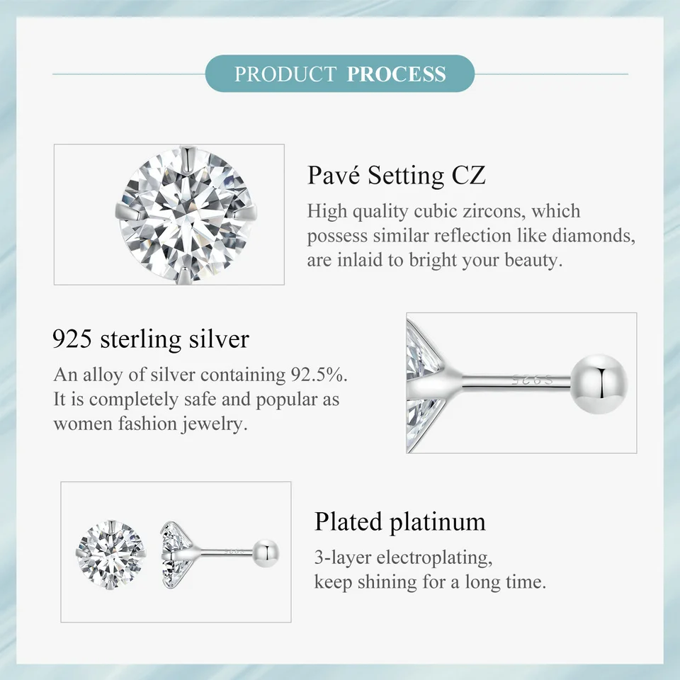 BAMOER Platinum Plated Classic Round CZ Stud Earrings Prongs Set 925 Sterling Silver Hypoallergenic Elegant Jewellry 3mm 5mm 7mm-6 BAMOER Platinum Plated Classic Round CZ Stud Earrings Prongs Set 925 Sterling Silver Hypoallergenic Elegant Jewellry 3mm 5mm 7mm-6