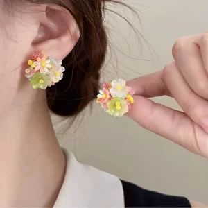 new exquisite colorful flower round stud earrings for women romantic beads flower earrings sweet fashion ear jewelry accessories