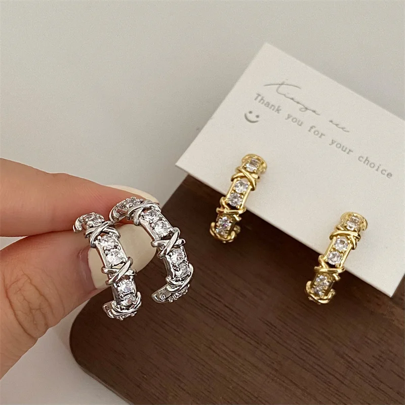Vintage CC Design Stud Earrings for Women Korean Fashion X Cross Zircon Earring Engagement Jewelry Gifts Wholesale-2