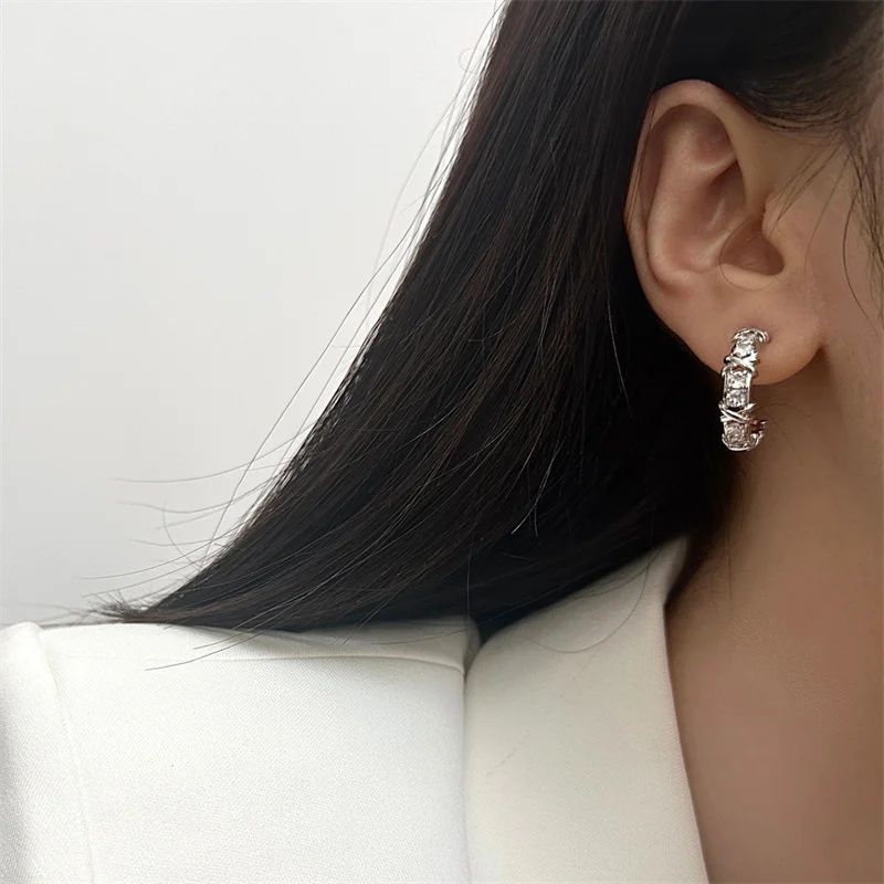 Vintage CC Design Stud Earrings for Women Korean Fashion X Cross Zircon Earring Engagement Jewelry Gifts Wholesale-4