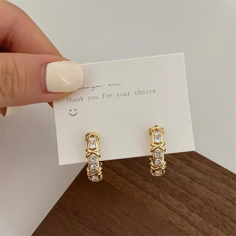 Vintage CC Design Stud Earrings for Women Korean Fashion X Cross Zircon Earring Engagement Jewelry Gifts Wholesale-5