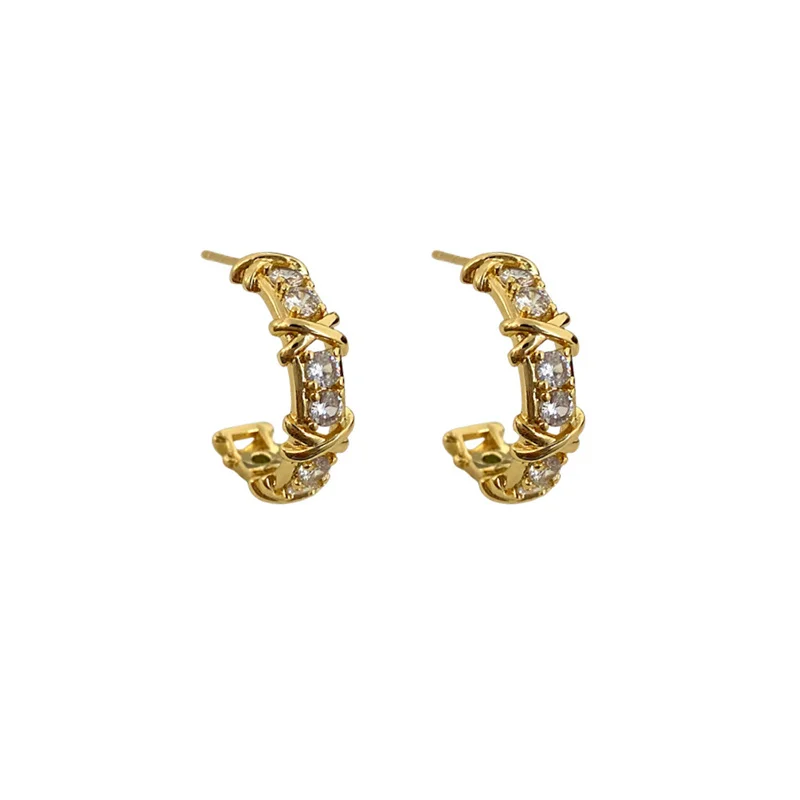 Vintage CC Design Stud Earrings for Women Korean Fashion X Cross Zircon Earring Engagement Jewelry Gifts Wholesale-8