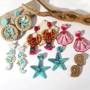 aensoa bohemian starfish lobster conch seed bead drop earrings for women handmade ocean animal earrings summer beach jewelry