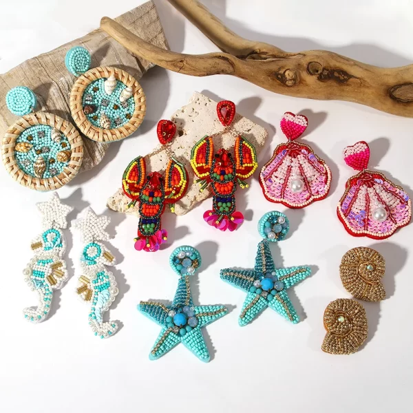 aensoa bohemian starfish lobster conch seed bead drop earrings for women handmade ocean animal earrings summer beach jewelry