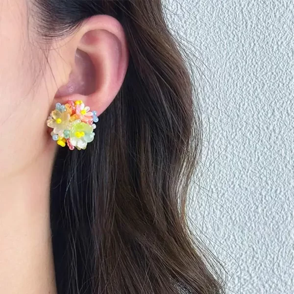 new exquisite colorful flower round stud earrings for women romantic beads flower earrings sweet fashion ear jewelry accessories