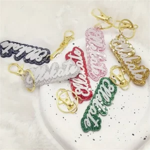 personalized custom name acrylic keychain glitter color background nameplate stainless steel key ring fashion jewelry gift