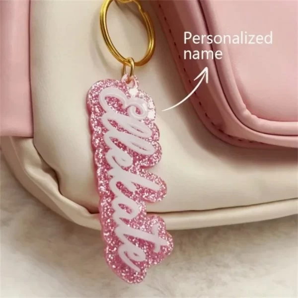personalized custom name acrylic keychain glitter color background nameplate stainless steel key ring fashion jewelry gift
