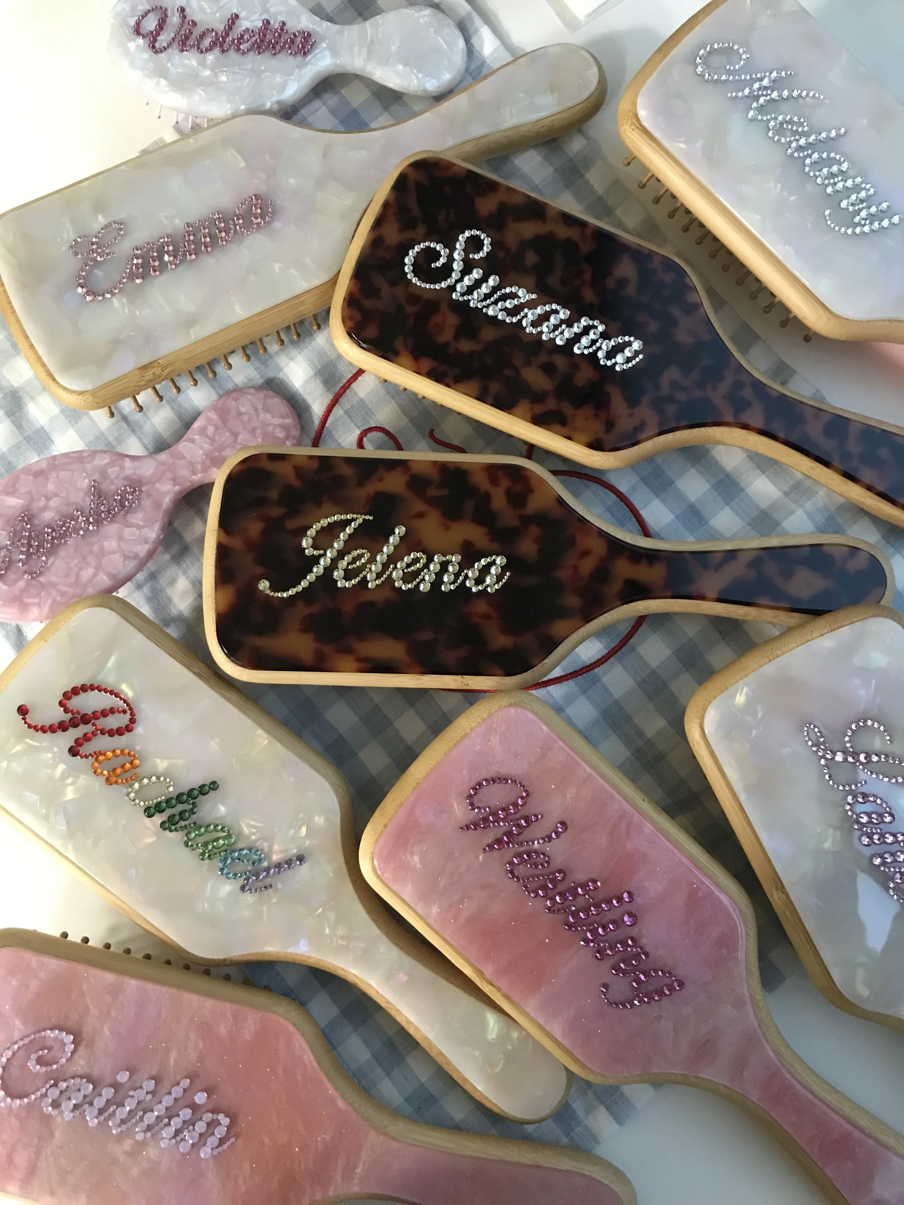 Fashion Customized Rhinestone Letters Personalized Name Acetate Hair Brush Birthday Gift for Women Girls-6
