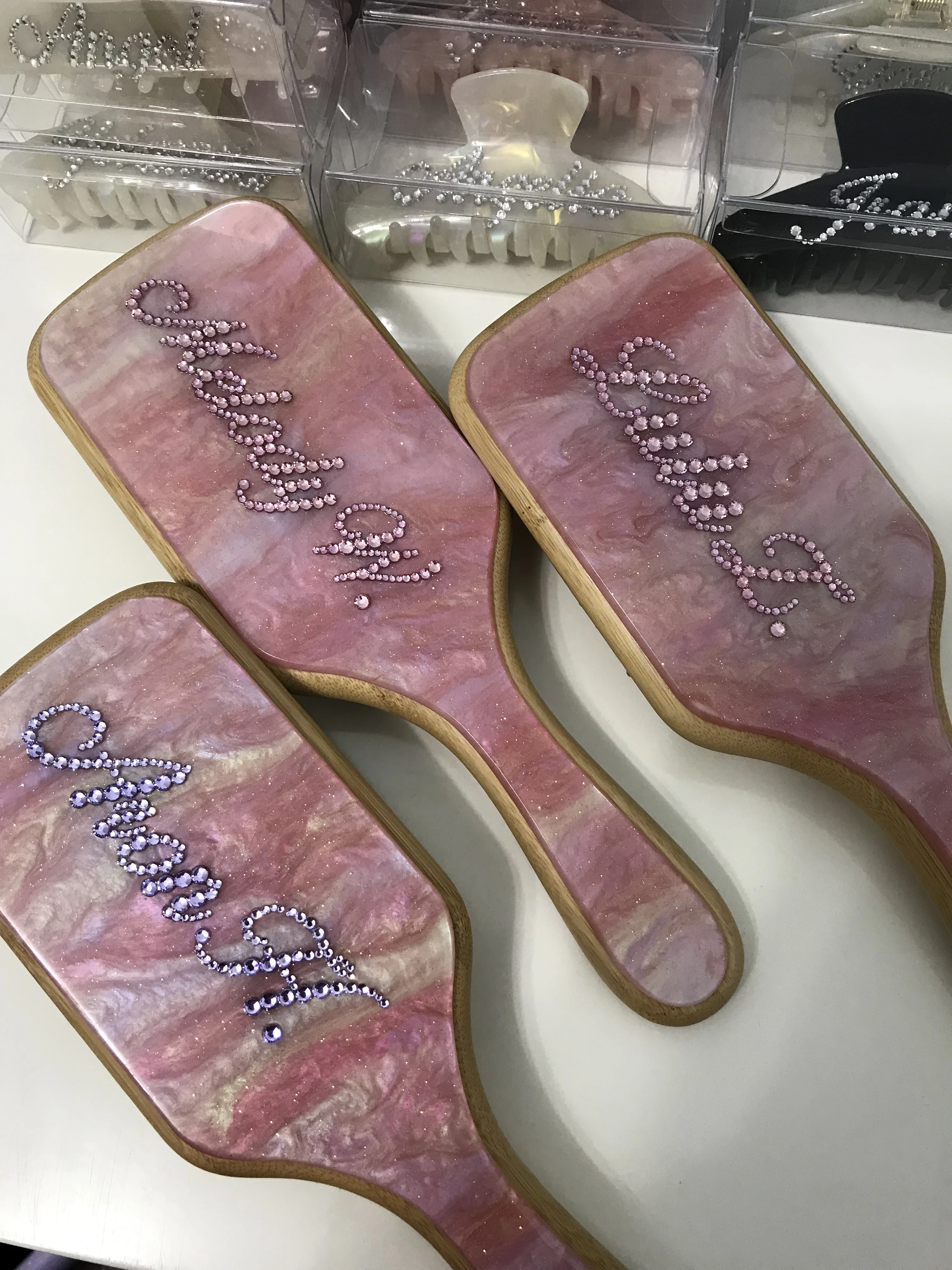Fashion Customized Rhinestone Letters Personalized Name Acetate Hair Brush Birthday Gift for Women Girls-3