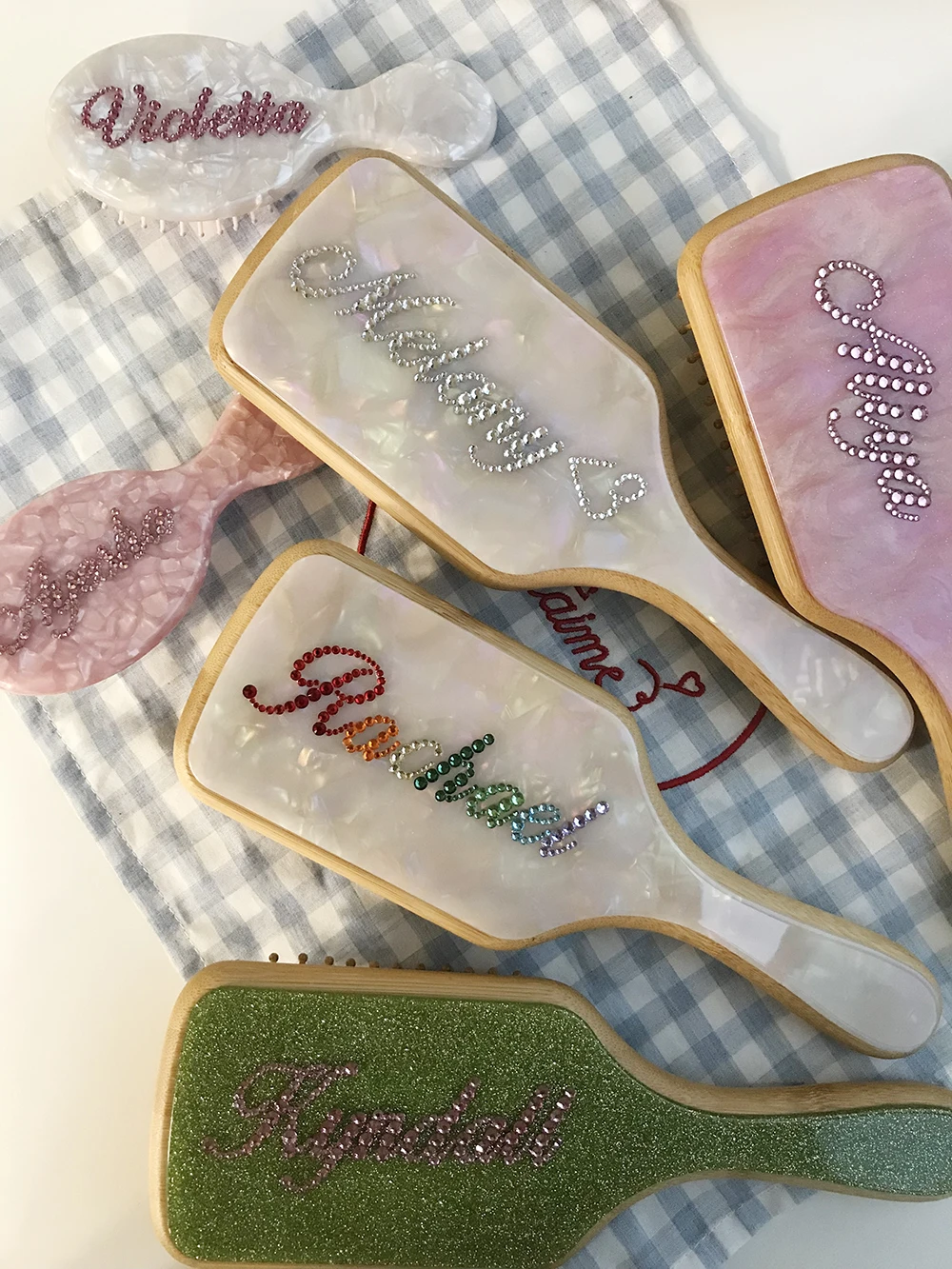 Fashion Customized Rhinestone Letters Personalized Name Acetate Hair Brush Birthday Gift for Women Girls-9