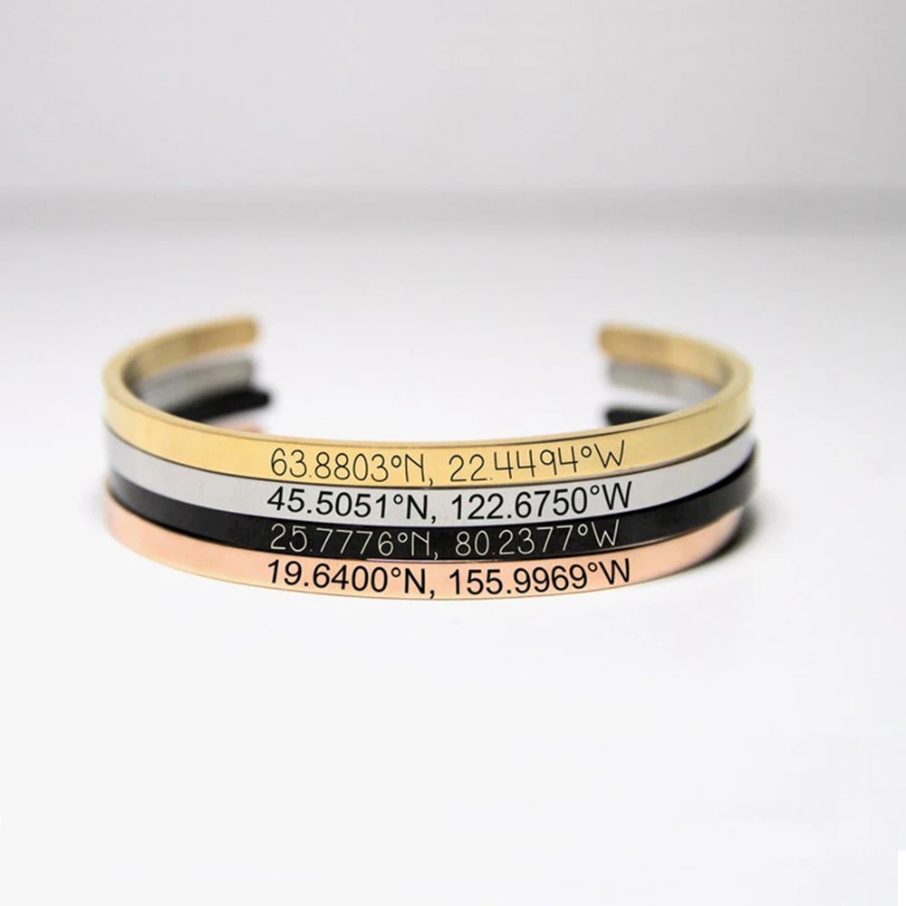 Customized Coordinate Engraved Name Text Heart Hole Cuff Bangle Personalized Bar Necklace Stainless Steel Bracelet Men Women Gif-3 Customized Coordinate Engraved Name Text Heart Hole Cuff Bangle Personalized Bar Necklace Stainless Steel Bracelet Men Women Gif-3