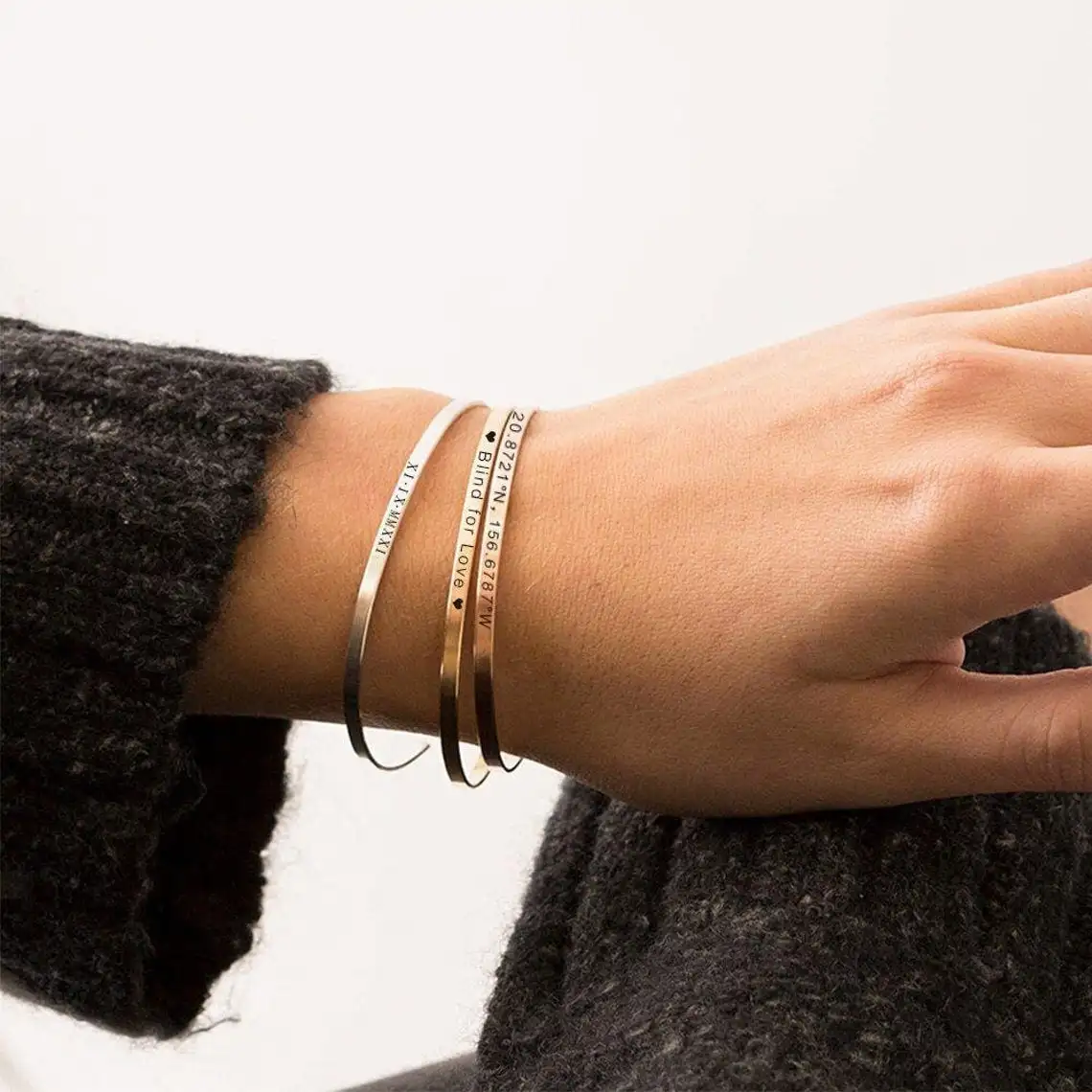 Customized Coordinate Engraved Name Text Heart Hole Cuff Bangle Personalized Bar Necklace Stainless Steel Bracelet Men Women Gif-4 Customized Coordinate Engraved Name Text Heart Hole Cuff Bangle Personalized Bar Necklace Stainless Steel Bracelet Men Women Gif-4