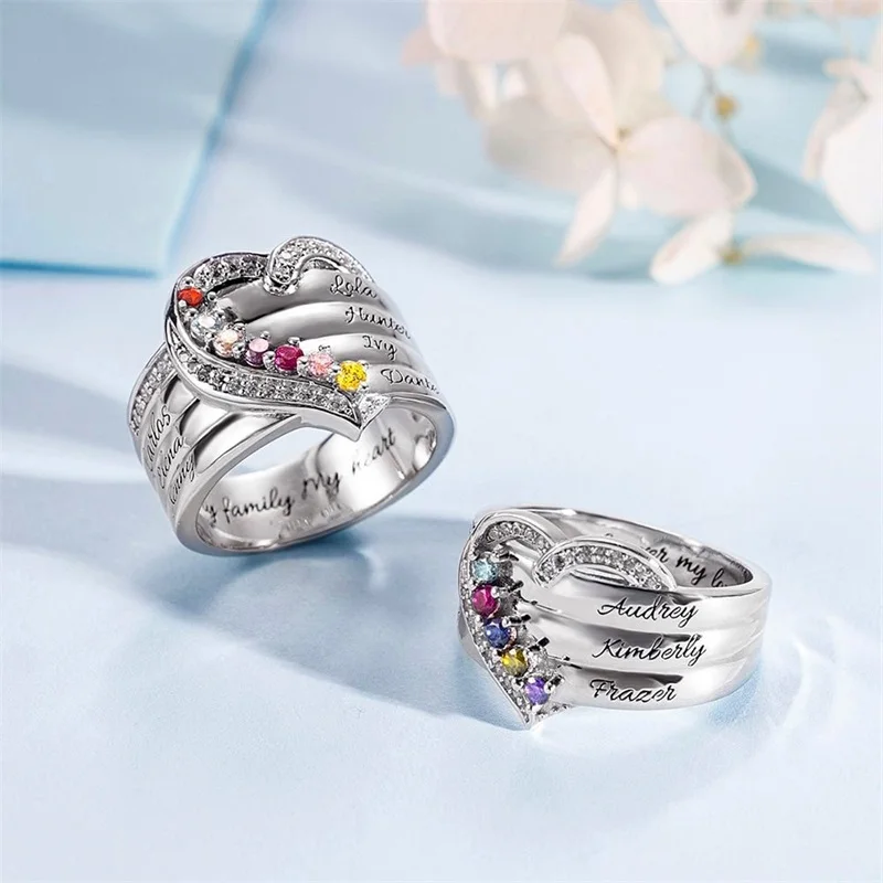 Personalized 1-8 Birthstone Rings for Women Customized Engraved Name Rings for Her Custom Cubic Zirconia Stones Heart Rings Gift-6 Personalized 1-8 Birthstone Rings for Women Customized Engraved Name Rings for Her Custom Cubic Zirconia Stones Heart Rings Gift-6