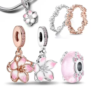 silver 925 cherry blossom pink sweet charms beads flowers rings fit original bracelet charm jewelry bead for women diy gift
