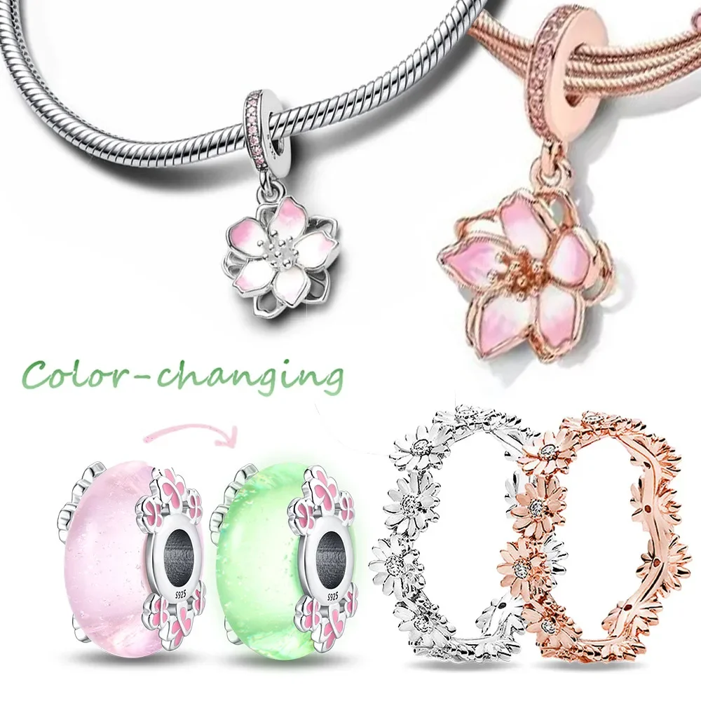 Silver 925 Cherry Blossom Pink Sweet Charms Beads Flowers Rings Fit Original Bracelet Charm Jewelry Bead for Women DIY Gift-2 Silver 925 Cherry Blossom Pink Sweet Charms Beads Flowers Rings Fit Original Bracelet Charm Jewelry Bead for Women DIY Gift-2