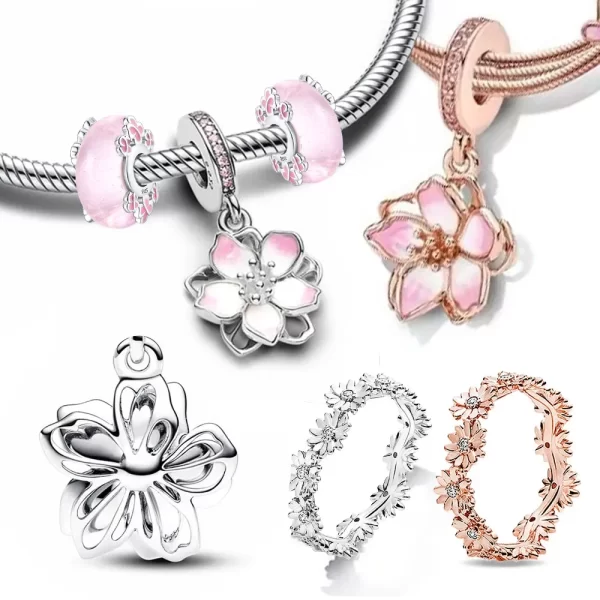 silver 925 cherry blossom pink sweet charms beads flowers rings fit original bracelet charm jewelry bead for women diy gift