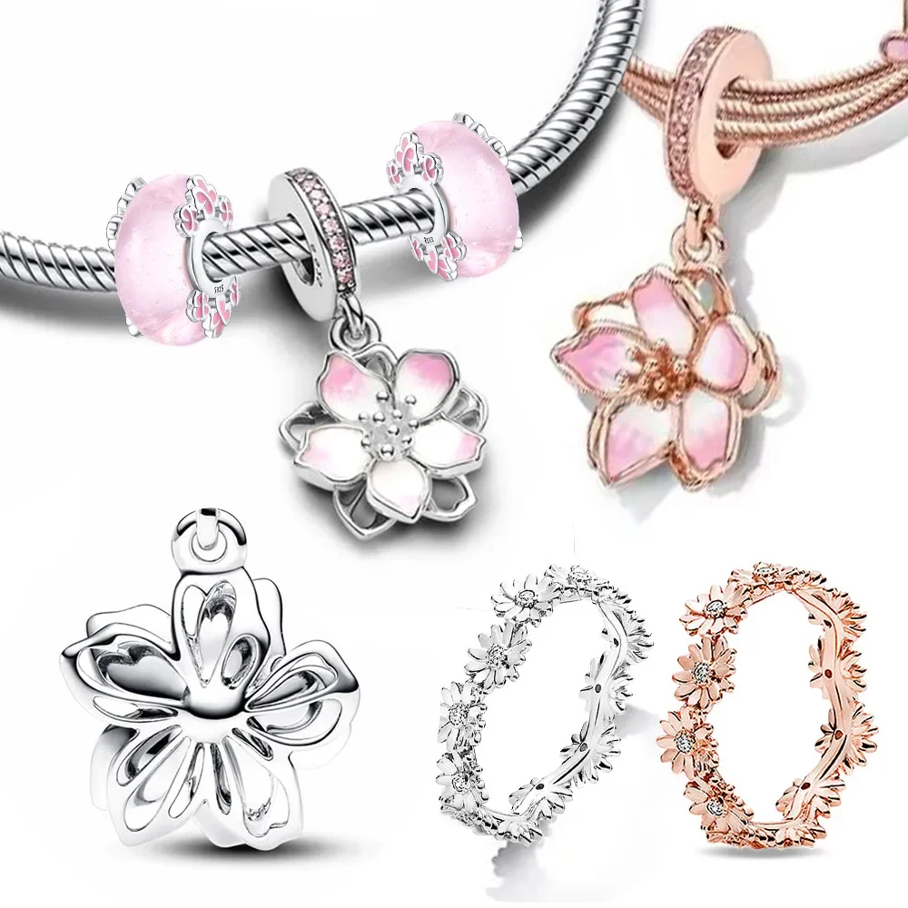 Silver 925 Cherry Blossom Pink Sweet Charms Beads Flowers Rings Fit Original Bracelet Charm Jewelry Bead for Women DIY Gift-3 Silver 925 Cherry Blossom Pink Sweet Charms Beads Flowers Rings Fit Original Bracelet Charm Jewelry Bead for Women DIY Gift-3