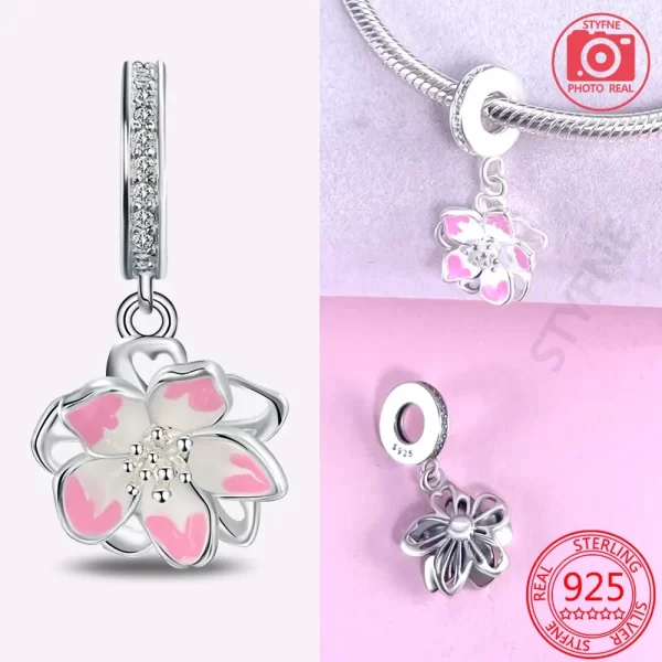 silver 925 cherry blossom pink sweet charms beads flowers rings fit original bracelet charm jewelry bead for women diy gift