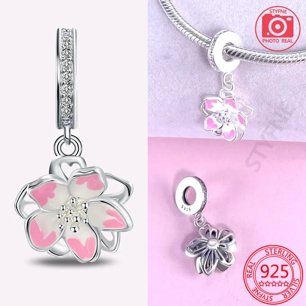 Silver 925 Cherry Blossom Pink Sweet Charms Beads Flowers Rings Fit Original Bracelet Charm Jewelry Bead for Women DIY Gift-5 Silver 925 Cherry Blossom Pink Sweet Charms Beads Flowers Rings Fit Original Bracelet Charm Jewelry Bead for Women DIY Gift-5