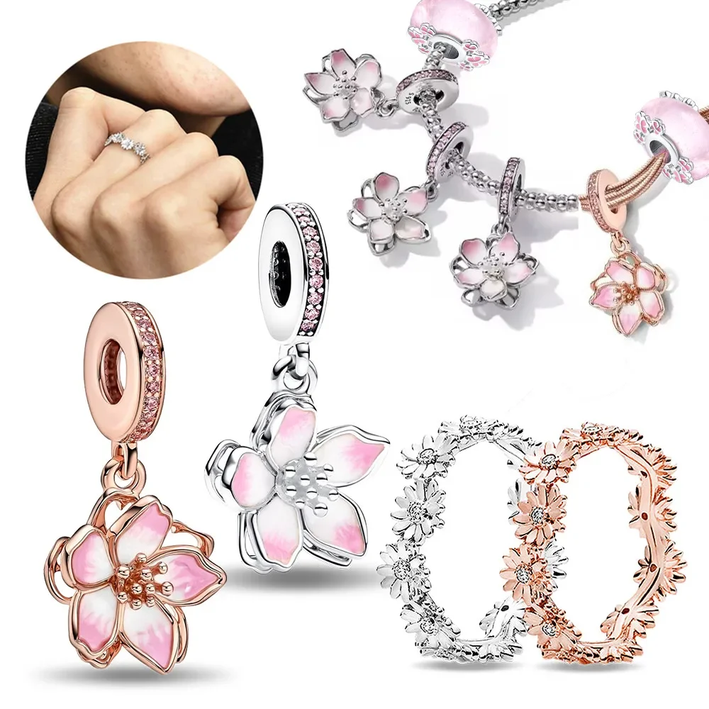 Silver 925 Cherry Blossom Pink Sweet Charms Beads Flowers Rings Fit Original Bracelet Charm Jewelry Bead for Women DIY Gift-1 Silver 925 Cherry Blossom Pink Sweet Charms Beads Flowers Rings Fit Original Bracelet Charm Jewelry Bead for Women DIY Gift-1