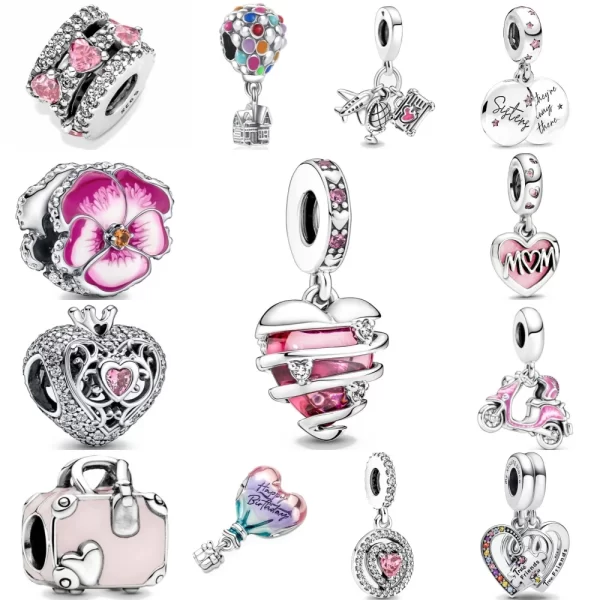 spring pink charms 925 silver flower bag best friend mom travel bead fit european bracelet necklace jewelry for women