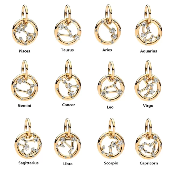 2025 new gold plated 12 constellation pendant dangle charm beads fit original 925 sterling silver europeans bracelet diy jewelry