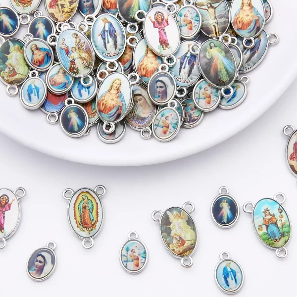 mix 20pcs jesus virgin mary three hole charm pendant for diy jewelry making accessories zinc alloy religion pendant