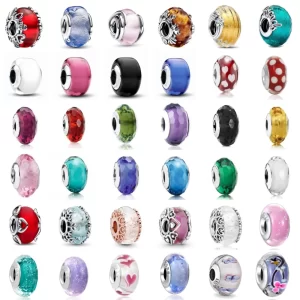 925 silver blue pink glass bead rosted red murano glass & hearts charms fit original bracelet women diy accessories jewelry gift